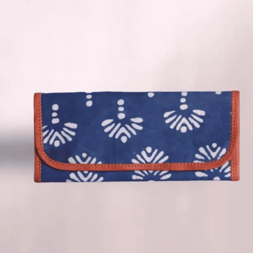 Block print brown leather hand clutch