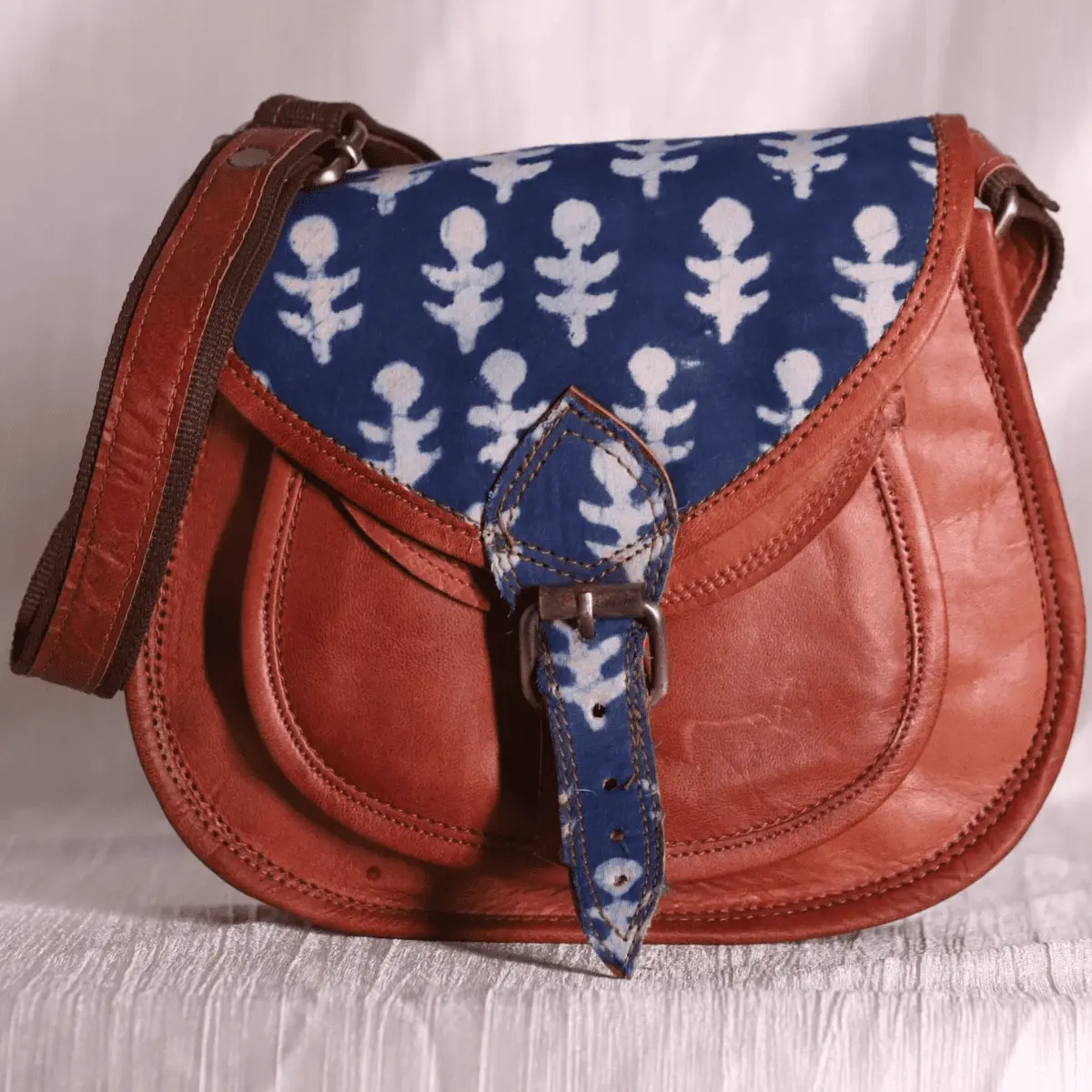 Block print brown leather sling bag