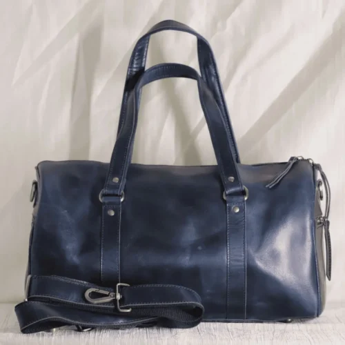Blue leather duffle bag