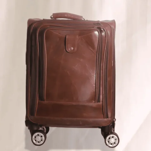 Brown leather travel trolley bag