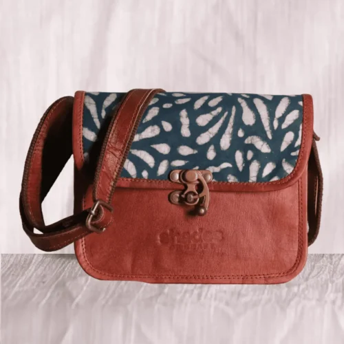 Green block print leather sling bag
