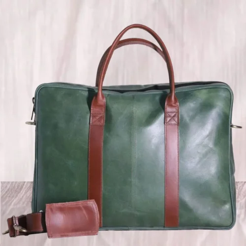 Green leather messenger laptop bag
