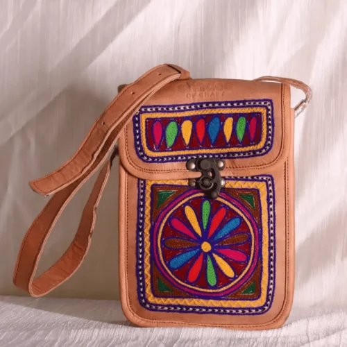 Hand embroidery brown messenger leather sling bag