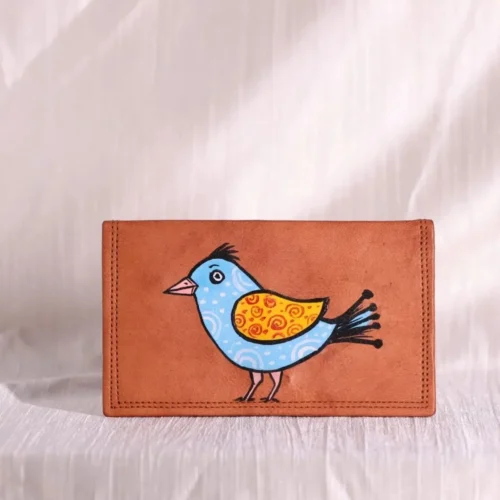 Hand painted bird design brown leather hand clutch