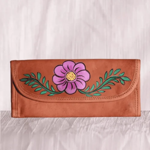 Hand painted floral design brown leather hand clutch