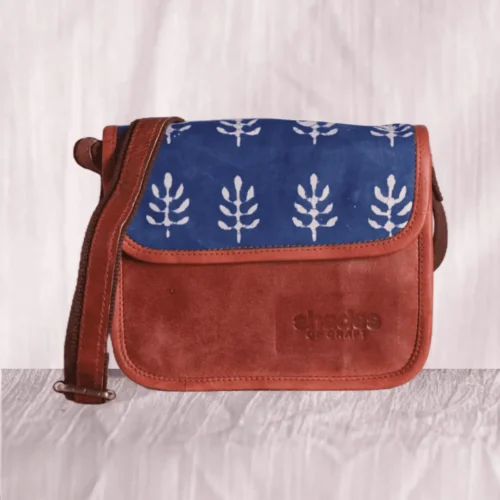 Indigo block print leather sling bag