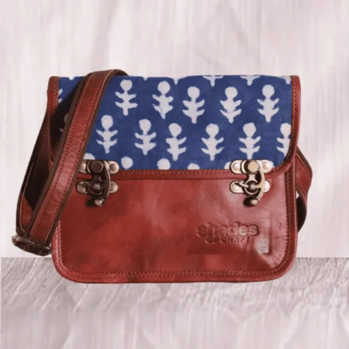 Leaf block print brown leather sling bag