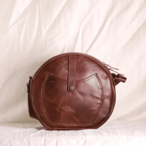 Premium leather round brown crossbody sling bag