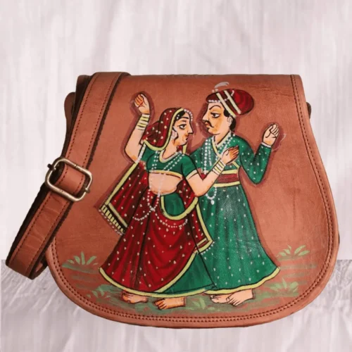 Rajasthani couple hand painted leather bag