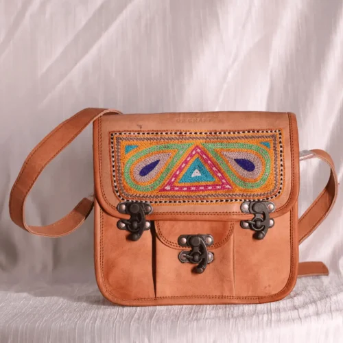 Rustic brown hand embroidery leather sling bag