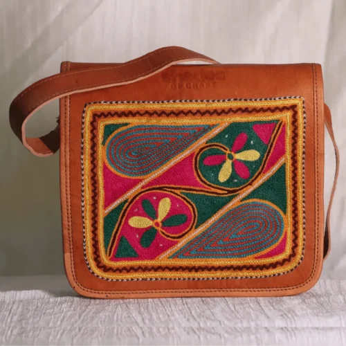 Solid brown embroidery messenger leather sling bag