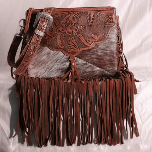 Tooled leather Reba western tassels cowhide crossbody sling bag with buckle
