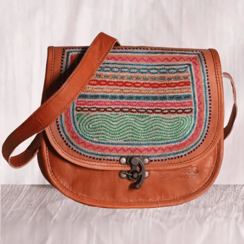 Vintage brown hand embroidery  leather box sling bag