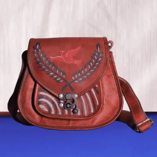 Vintage brown hand painted leather shoulder messenger bag